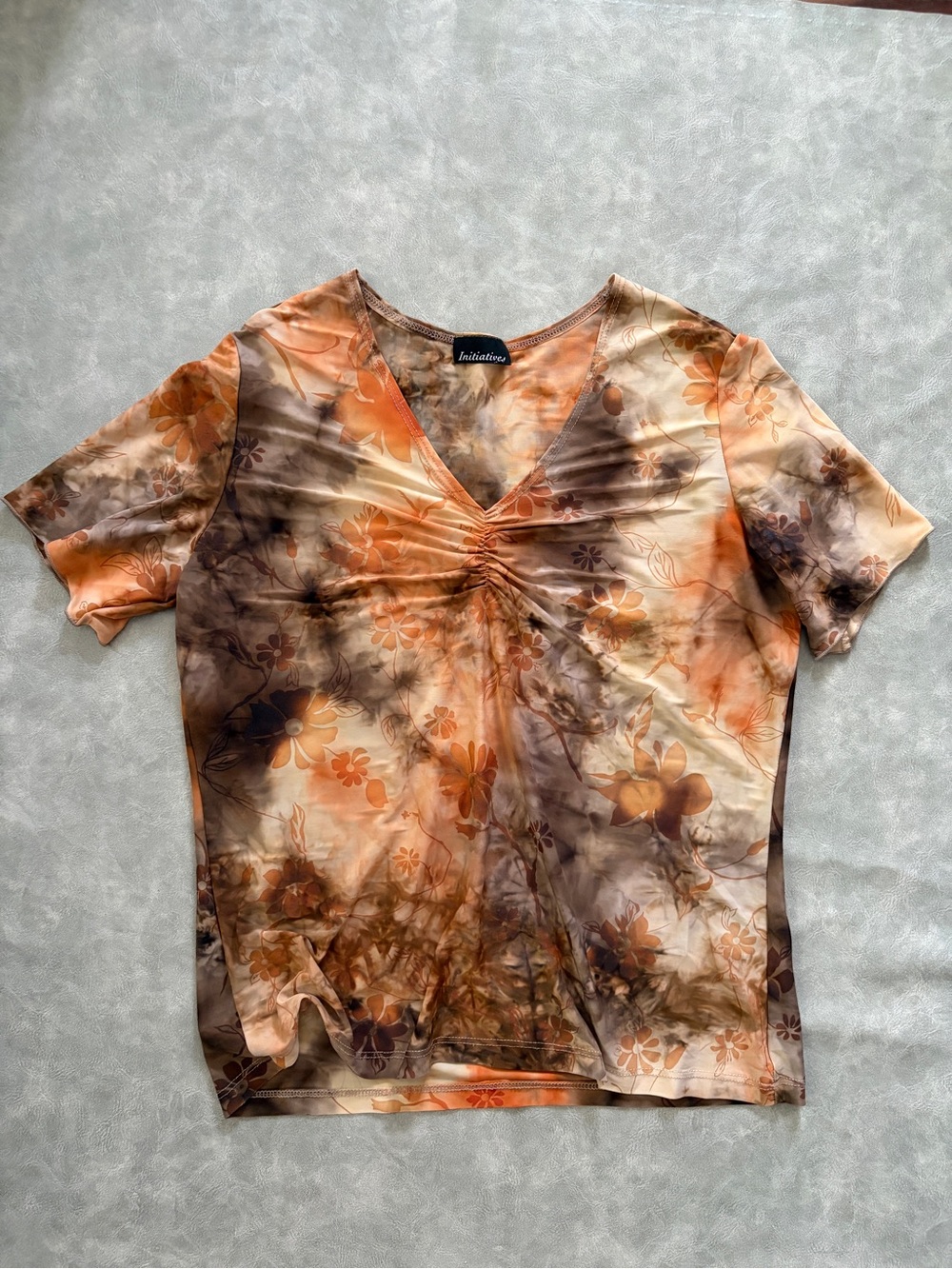 Y2K Vintage Initiatives Brown Fairy Whimsy Goth Short Sleeve V-Neck Floral Top - Picture 5 of 9